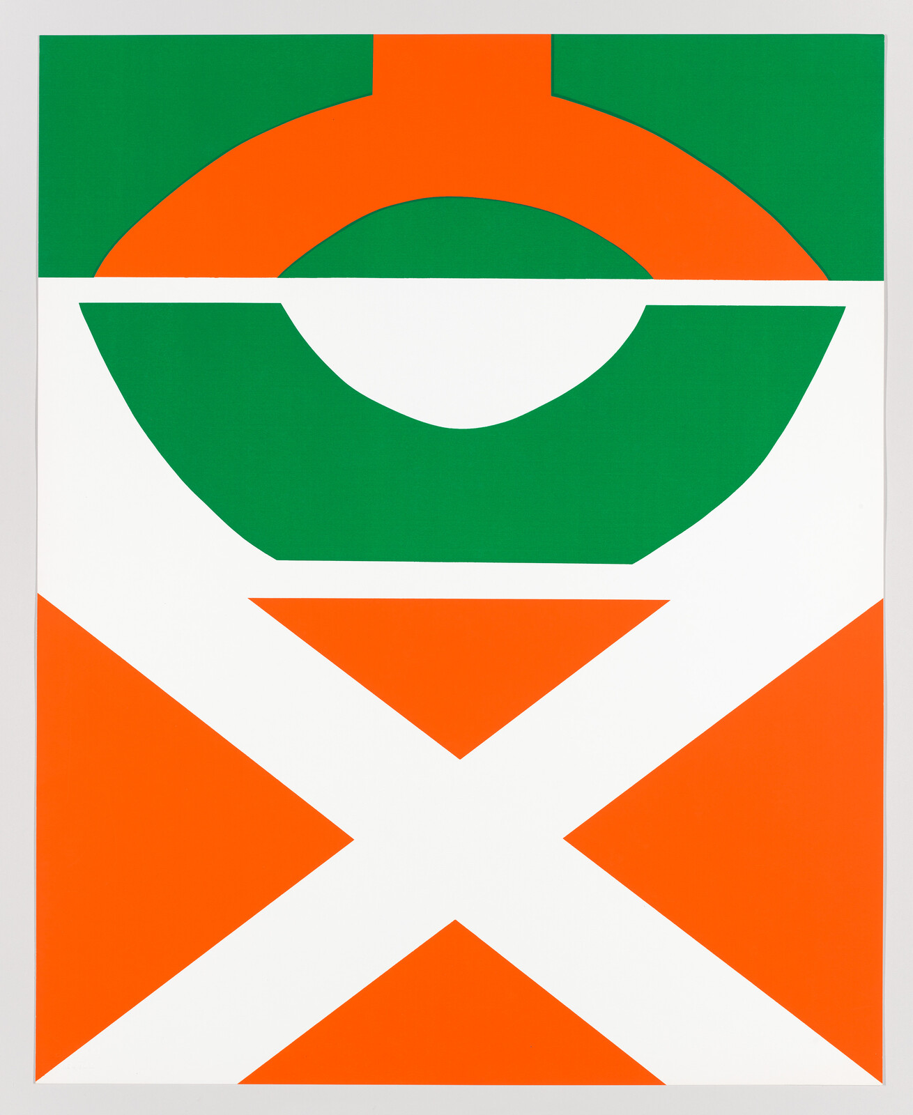 Bold green and orange geometric shapes form a semicircle and a large white X across the canvas.
