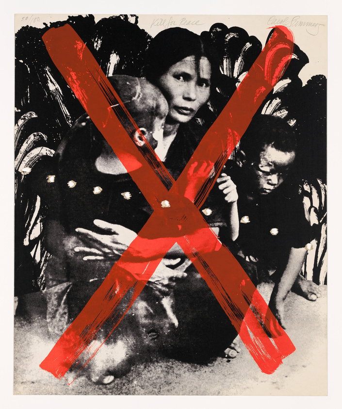 A black and white print featuring two overlapping images of a woman's face and a child, both with somber expressions, overlaid with a large, red, painted 'X'. The artwork includes signatures and edition number at the bottom.