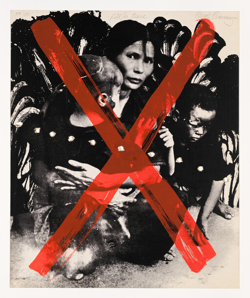 A distressed mother holding two children with a large red X painted over them.