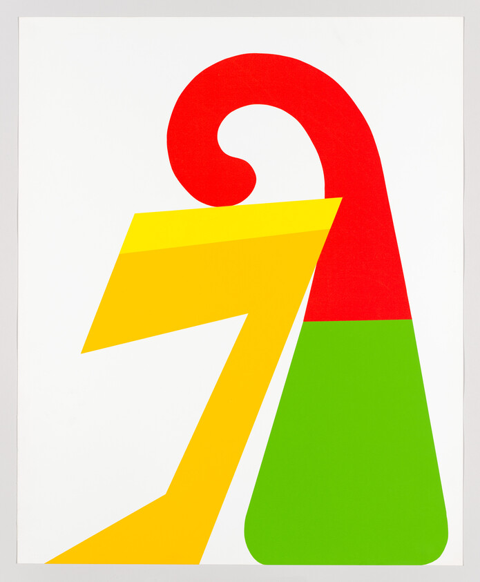 Bold abstract composition with a yellow angular shape overlapping a red curved top and green block.
