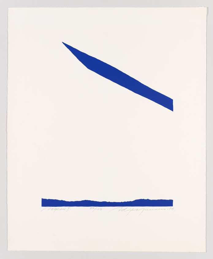 A minimalist artwork featuring two blue geometric shapes on a white background. The upper shape is a long, thin diagonal stripe, and the lower shape is a shorter, rough horizontal line. There is handwriting at the bottom, including a signature and edition number.