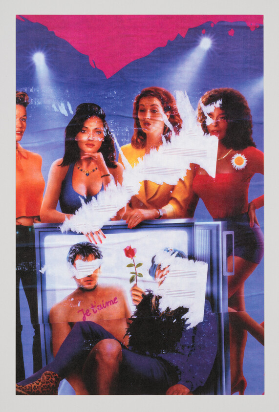 Four women stand behind a television where a man and woman hold a rose, his chest reads "Je t'aime".