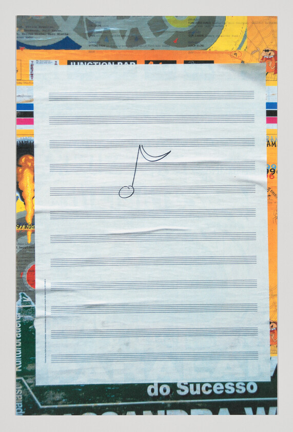 Blank sheet of staff paper with a single hand-drawn musical note centered on a colorful background.
