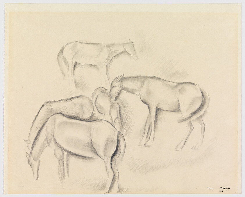 Pencil sketch of three horses by Paul Brown, dated 1933, showing two horses in the foreground with defined musculature and one more abstract horse figure in the background, all on a beige paper.