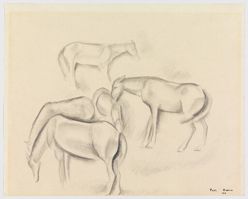 Four horses drawn in pencil, standing and grazing with heads lowered.