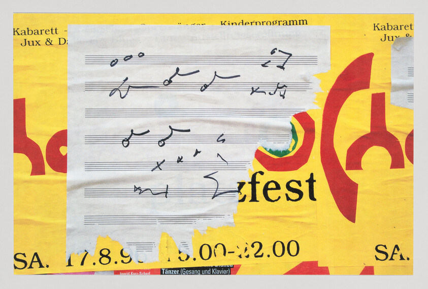 Torn sheet music with handwritten musical notes pasted over a yellow festival poster showing partial date and text.