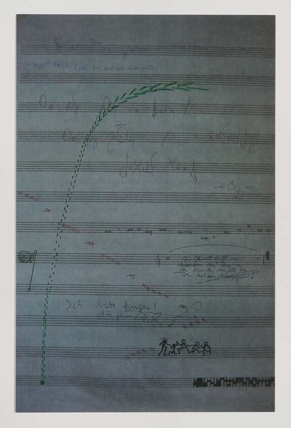 Musical staff with a large green curved line, small stick figures, and handwritten annotations.