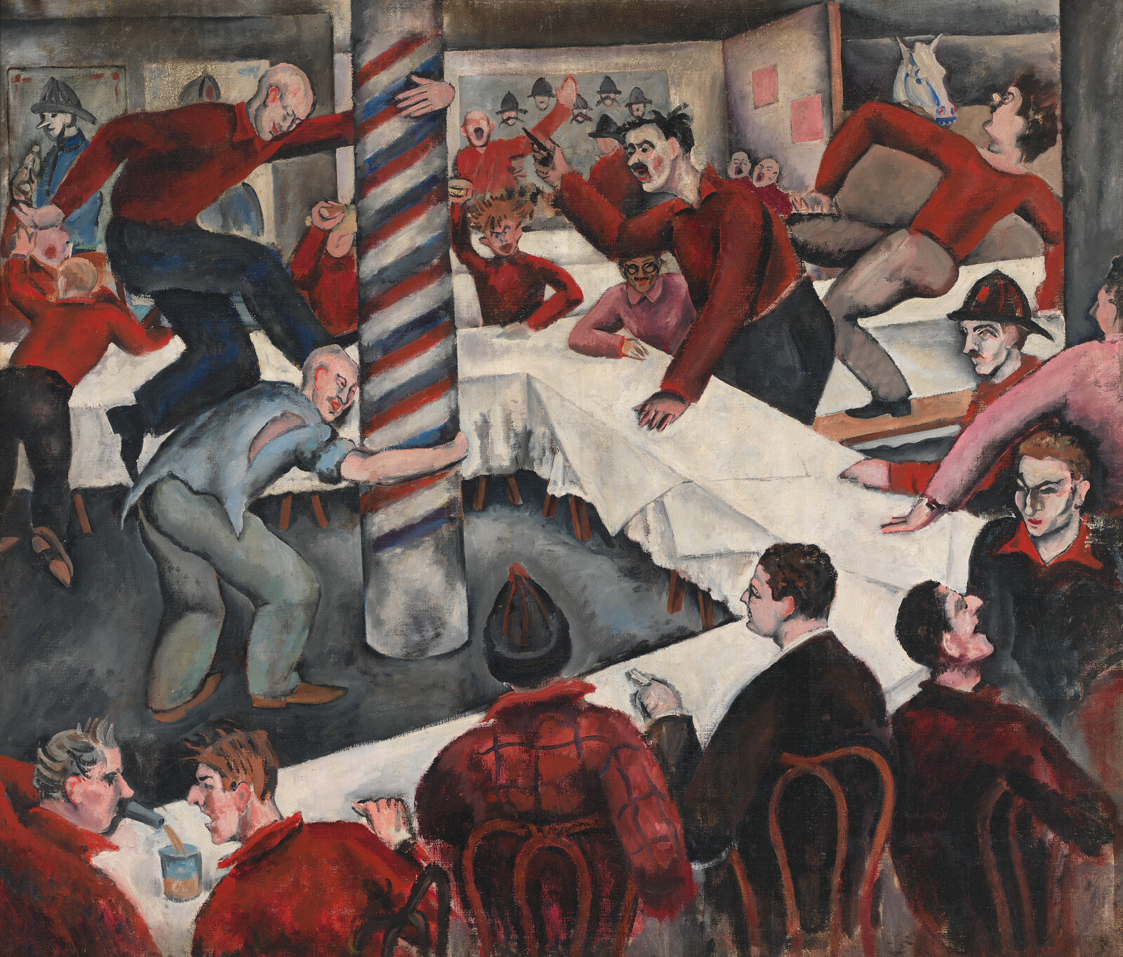 Men in a rowdy bar fight are climbing tables and grabbing a striped pole.