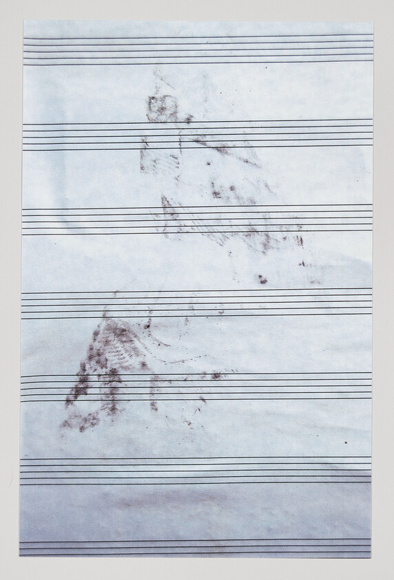 Sheet music paper with faint smudged brown marks that suggest a bird-like shape.