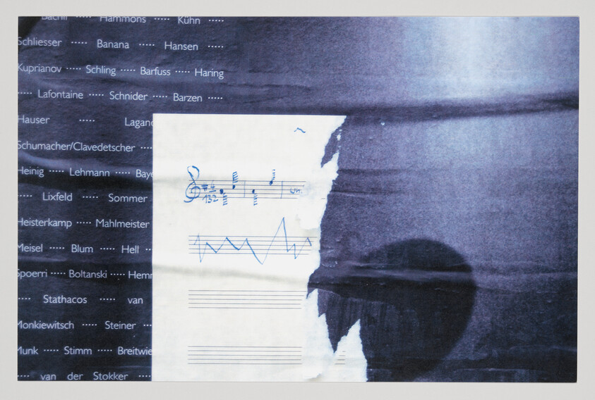 A torn paper with musical notes and jagged scribbles pasted on a poster with names.