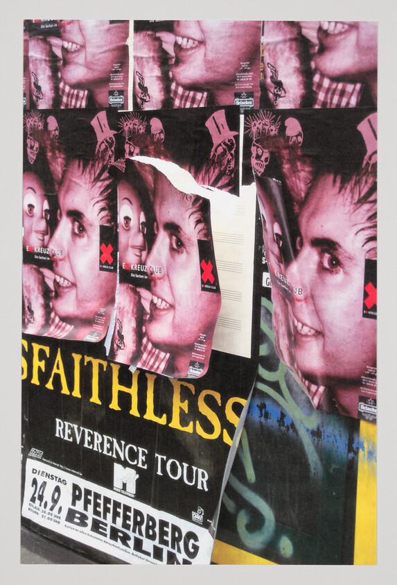 Layered concert posters feature repeated pink faces and bold text reading "Faithless Reverence Tour."