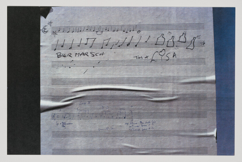 Sheet music titled "Bier Marsch" with musical notes, bottle doodles, and handwritten annotations.