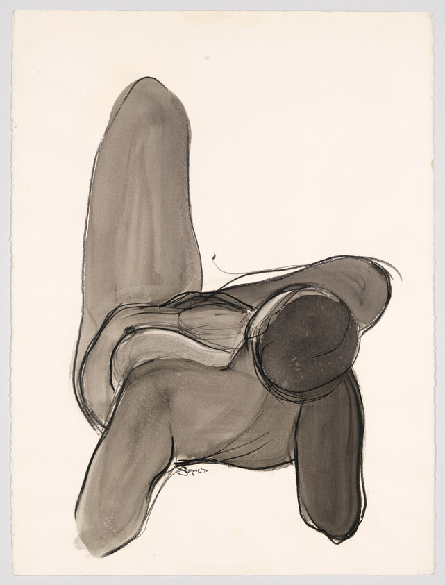 Reclining nude figure drawn in loose charcoal strokes seen from above with legs bent.