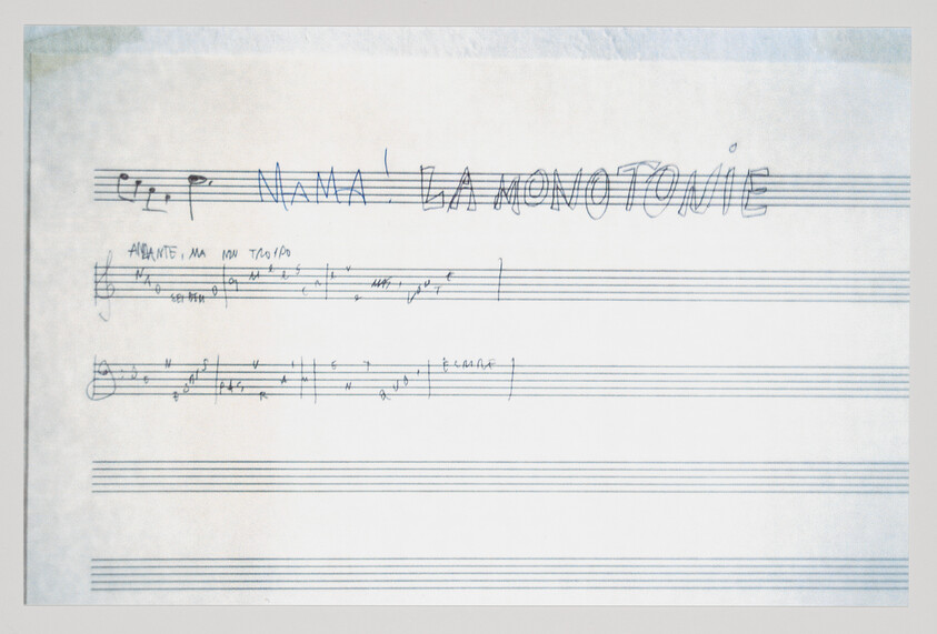 Handwritten musical staff with notes and the title "MAMA! LA MONOTONIE" written across the top.