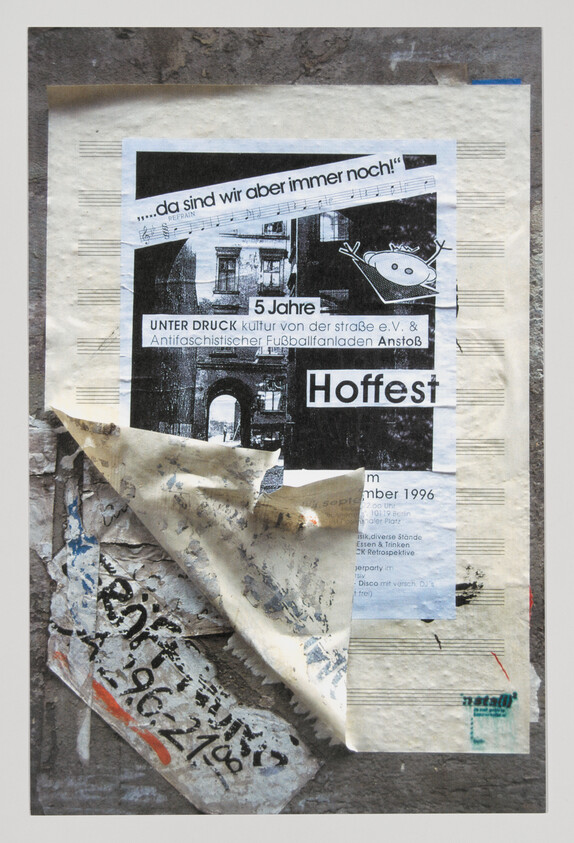 Peeling street poster advertising a five-year ‘Hoffest’ celebration with torn layers revealing old paper.