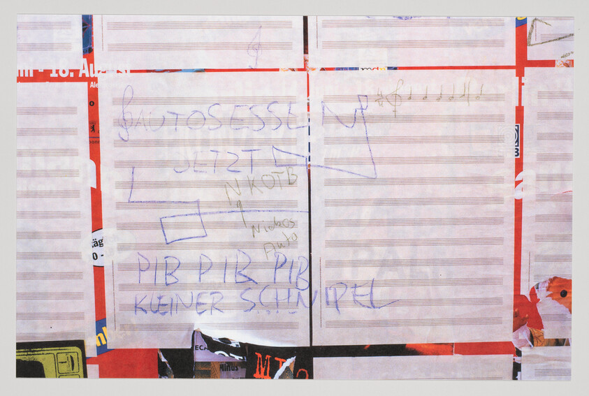 A collage of various papers with scribbles and doodles, including lined notebook paper and fragments of printed materials with text and images. The handwritten notes are mostly illegible, with some discernible words like "BAUTOS" and "PIB." The overall composition is chaotic, with overlapping layers and a mix of handwriting styles.