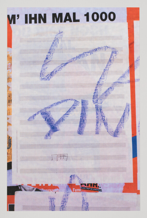 Sheet music paper with large blue crayon scribbles across the staff lines and a small musical notation.