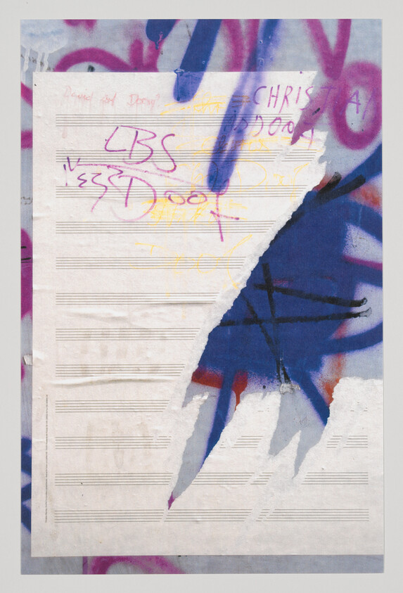 Torn sheet music overlaying colorful graffiti with purple scribbles reading 'LBS'.