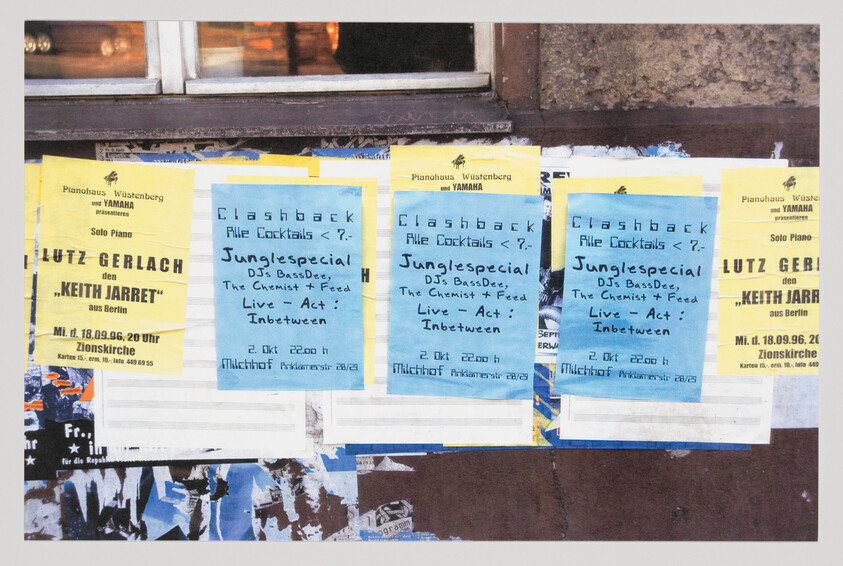 Blue and yellow posters advertising a Clashback Junglespecial and live DJ acts plastered on a worn wall.