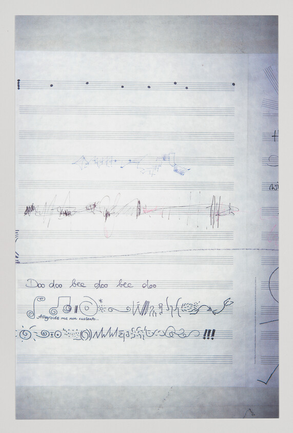 Handwritten musical staff with doodles and the repeated lyric "Doo doo bee doo bee doo" scrawled across.