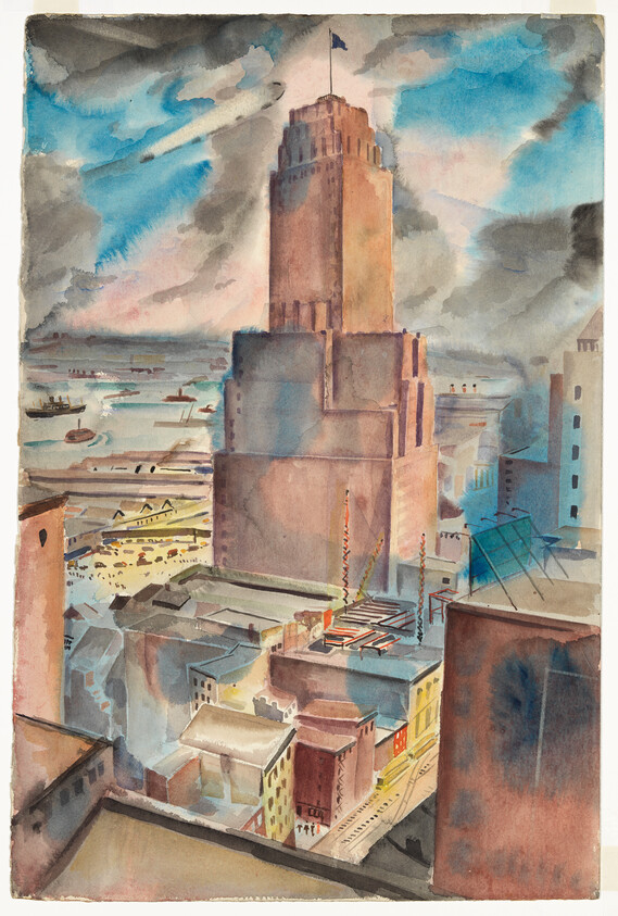 A towering skyscraper with a flag overlooks a busy harbor and surrounding city rooftops.