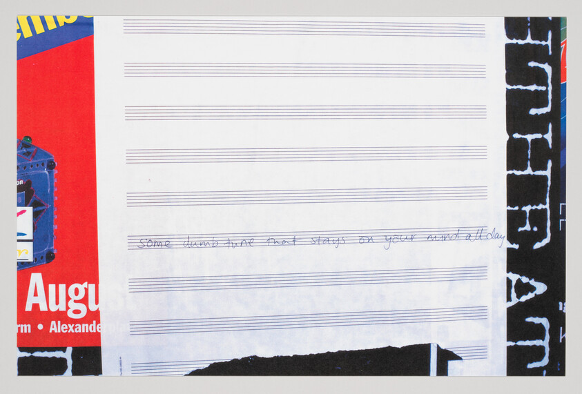 Blank sheet music paper with a faint handwritten line of text across the center and torn poster edges.