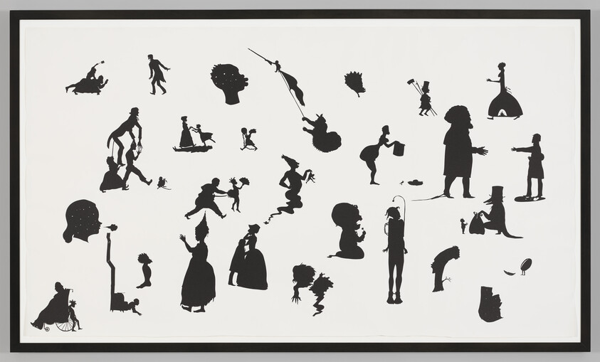 Framed artwork showing multiple black silhouette figures in various poses and playful activities.