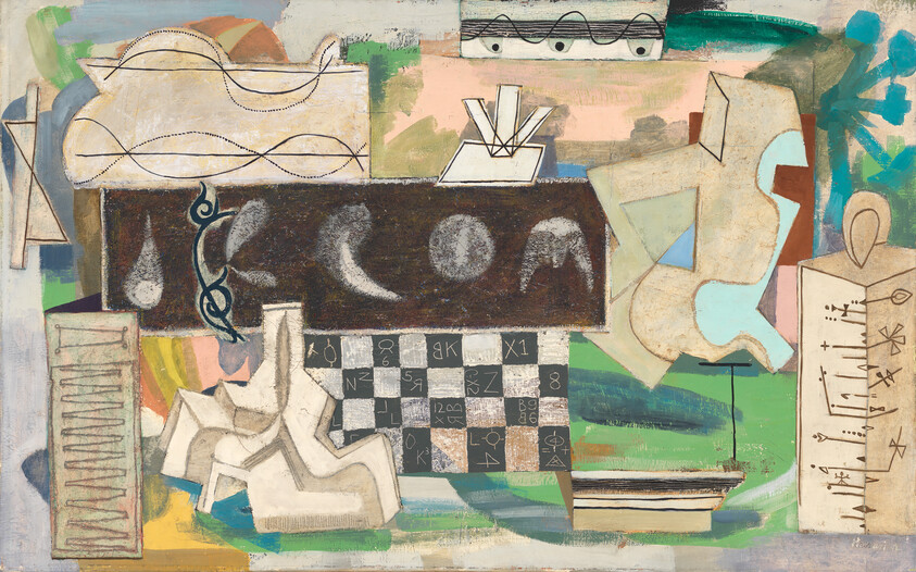 Abstract composition of geometric shapes, a checkerboard, moon phases, and sketch-like symbols.