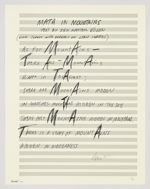 Handwritten sheet music lyrics titled "Mata in Mountains" with the repeated word "Mountains" emphasized.