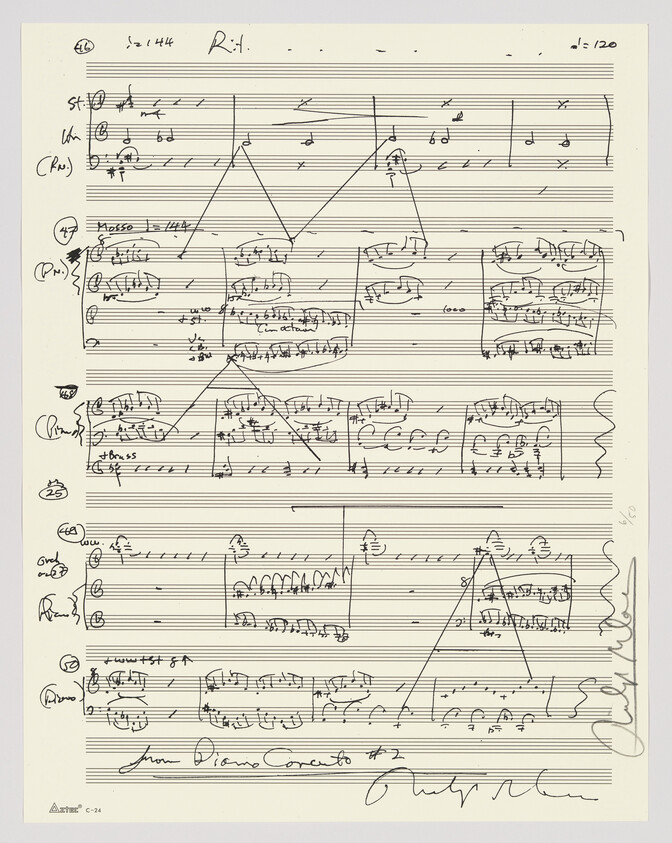 Handwritten orchestral score page with piano concerto heading, musical notation, and editorial markings.
