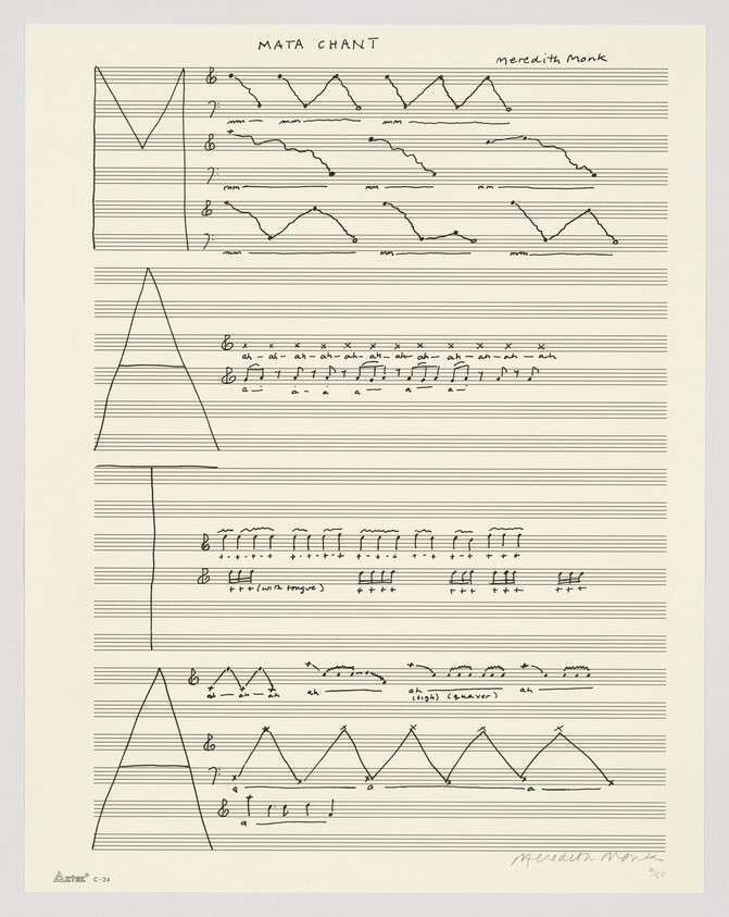 A graphic score titled "MATA CHANT" by Meredith Monk, featuring a series of musical notations with unconventional symbols and lines representing pitch and rhythm on a staff. The score includes geometric shapes, such as triangles and zigzag lines, with some traditional musical notes and annotations indicating vocal sounds like "ah." The image also contains the artist's signature and edition number at the bottom right.
