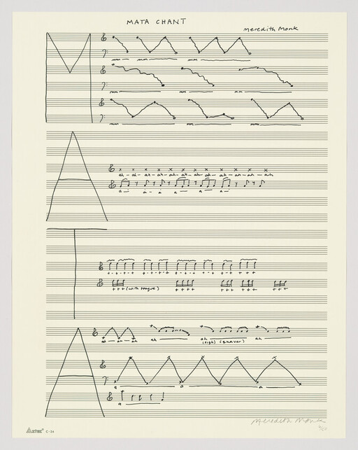 Handwritten musical score titled "Mata Chant" by Meredith Monk showing melodic lines and notation.