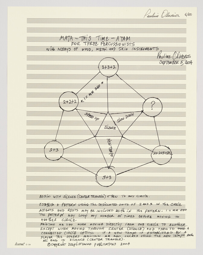 Handwritten musical diagram showing connected circles and instructions for three percussionists on lined staff paper.