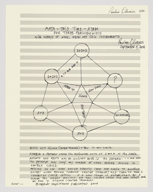 Handwritten musical diagram showing connected circles and instructions for three percussionists on lined staff paper.