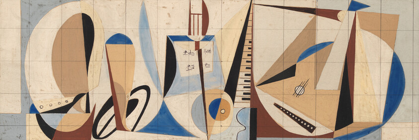 Abstract cubist still life with fragmented musical instruments, a piano keyboard, and a guitar-like shape.