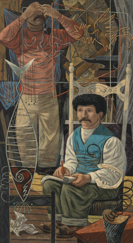 A man with a mustache and blue vest sits and writes in a notebook amid workshop tools.