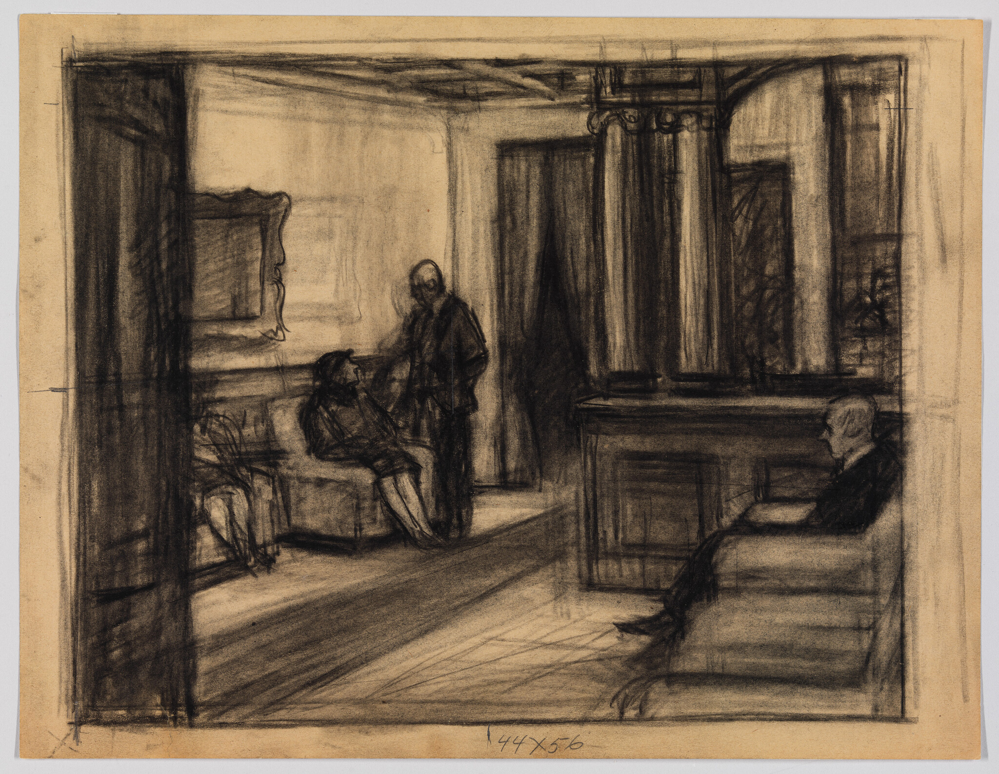 Three people sit and stand in a dimly lit reception room with sofas and columns.