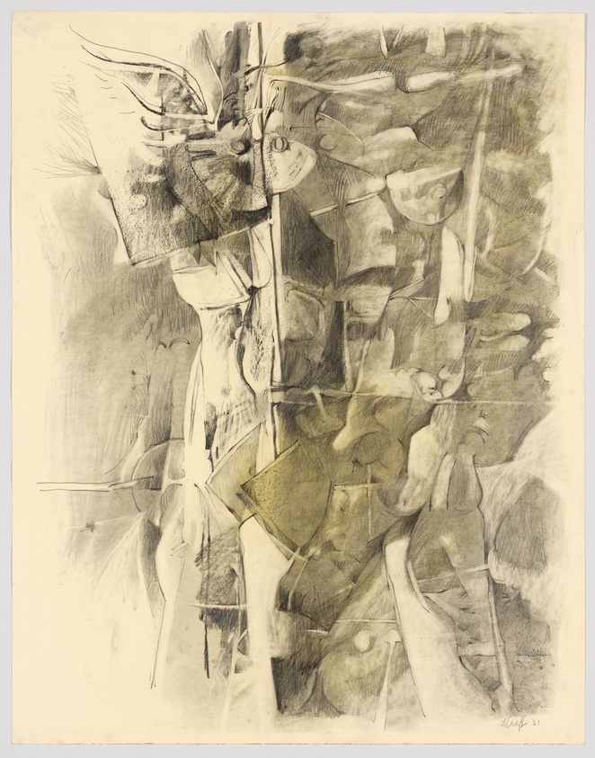 A detailed pencil drawing with abstract and fragmented elements that suggest parts of human figures and faces intermingled with geometric shapes. The artwork has a dynamic composition with a mix of light and dark areas, creating a sense of depth and movement. The artist's signature is visible in the lower right corner.