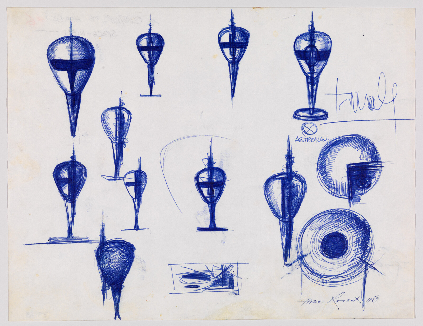 Multiple blue-pen sketches of elongated helmet and circular spacecraft concepts on paper.