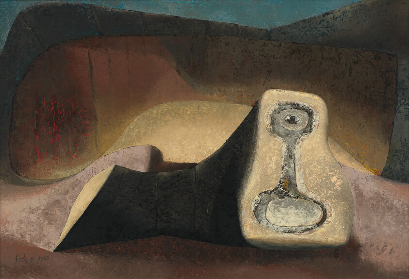 An abstract painting featuring geometric shapes and a central object resembling a vintage telephone. The color palette includes shades of brown, black, gold, and red, with textured brushstrokes adding depth to the composition. The signature "Gorky 1949" is visible in the lower left corner.
