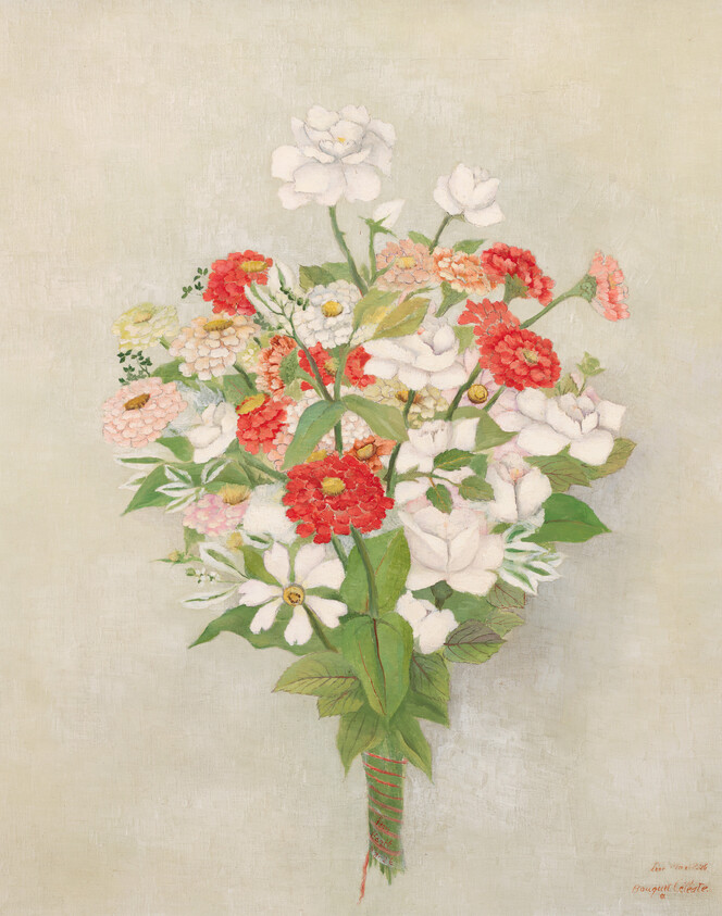 A tied bouquet of red, white, and pink garden flowers against a pale background.
