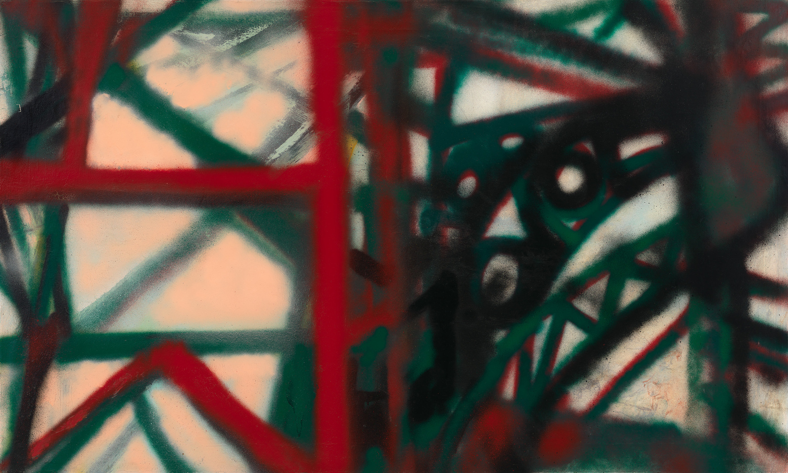 Heavy and soft red, green, and black lines intersect to form dense and sparse geometric shapes, the colors smearing together at different points.