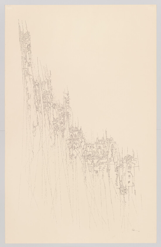 Delicate linear sketch of a steep hillside town with clustered buildings drawn along a diagonal.
