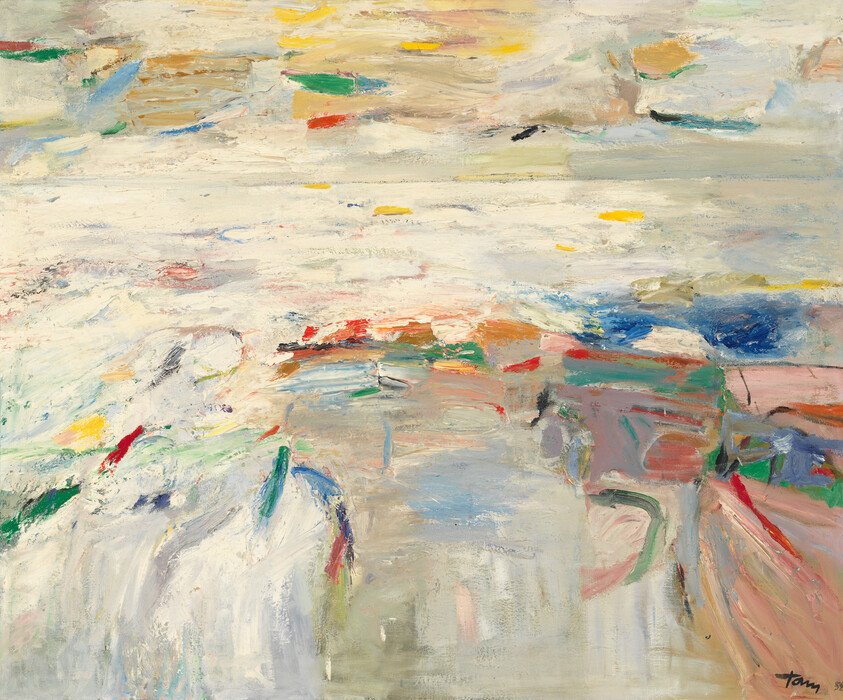 Soft abstract coastal scene with pale horizon and colorful brushstrokes suggesting sea and shore.