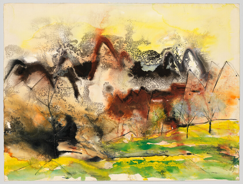 An abstract landscape with colorful rolling hills, leafless trees, and a bright yellow sky.