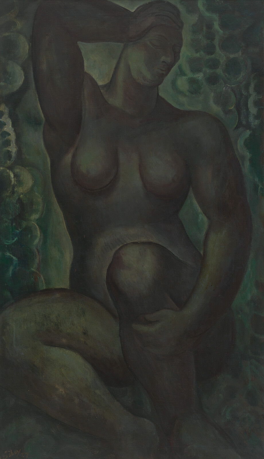 A dark-toned painting of a seated nude woman holding her bent knee in shadow.
