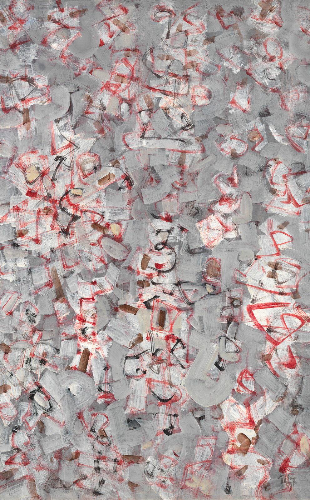 Abstract painting with layered gray brushstrokes and scattered red and black marks across the surface.