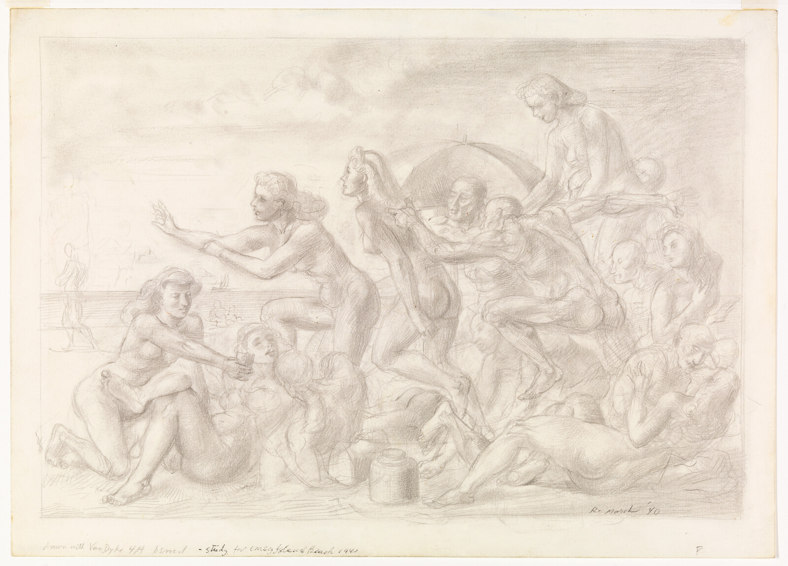 A pencil sketch showing a group of nude figures on a beach, some reaching and reclining.