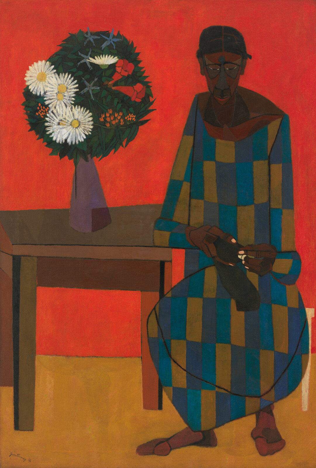 Seated woman in a checkered dress carefully mending a shoe beside a vase of flowers.