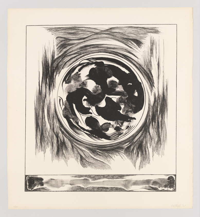 A black and white abstract print featuring a central circular motif with swirling patterns and dark splotches, surrounded by a square border. Below the circle is a horizontal rectangular strip with a gradient pattern. The artwork is signed and numbered in the bottom right corner.